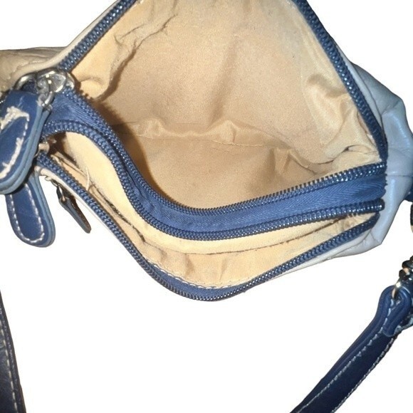 Stone & Co Tumbled Leather Beige & Navy Blue Small Double Zip Shoulder Bag Purse - Picture 10 of 14